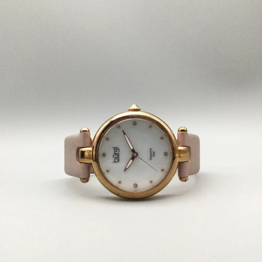 Burgi Womens Watch 35mm MOP Diamond Dial Rose Gold Tone Pink Leather New Battery